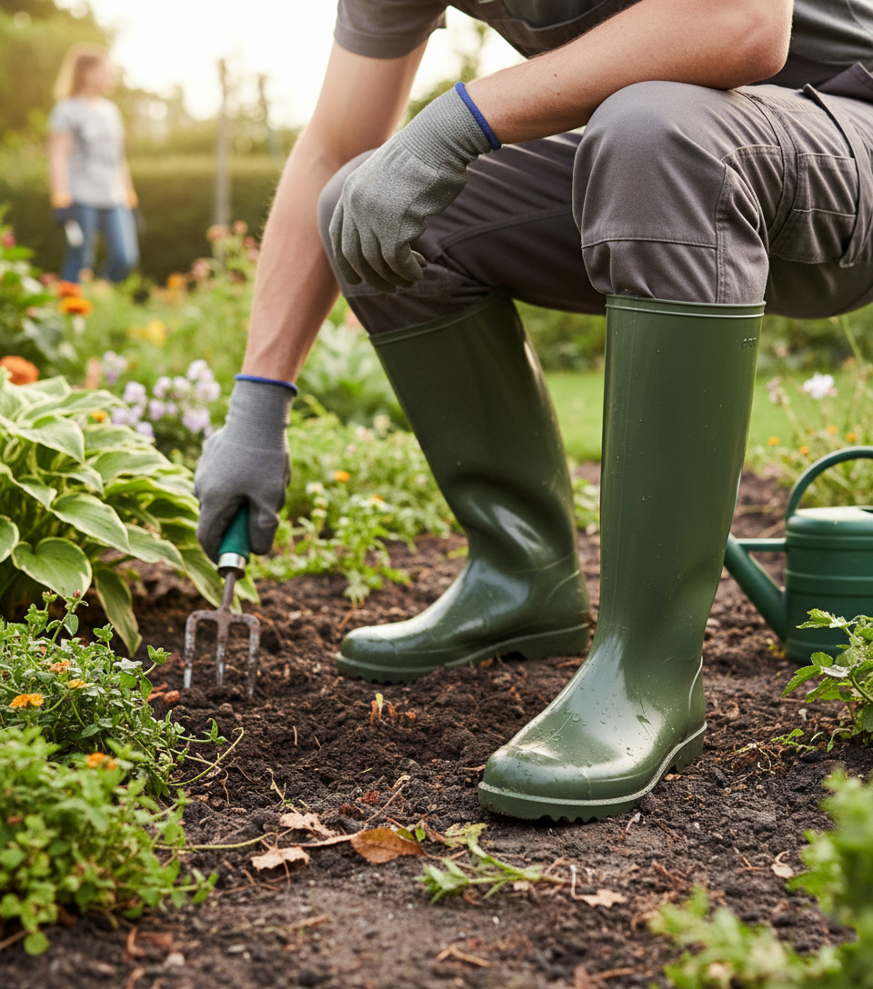 Mann arbeitet mit einer Handgabel in grünen Gummistiefeln im Garten. Schutzhandschuhe. Arbeiten im Freien. – Fishing Adventure GmbH