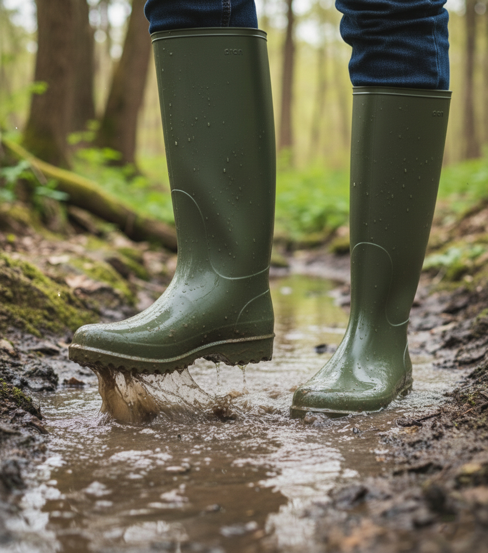 Person mit grünen Gummistiefeln betritt eine schlammige Pfütze im Freien zum Angeln oder für Outdoor-Aktivitäten. – Fishing Adventure GmbH