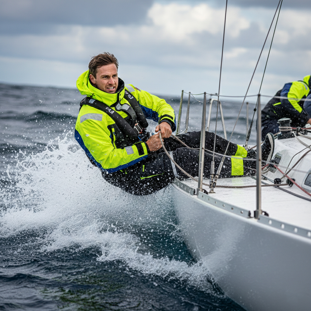 Mann segelt während einer Regatta in leistungsstarker wasserdichter Outdoor-Ausrüstung, einschließlich Jacke und Schwimmweste. – Fishing Adventure GmbH