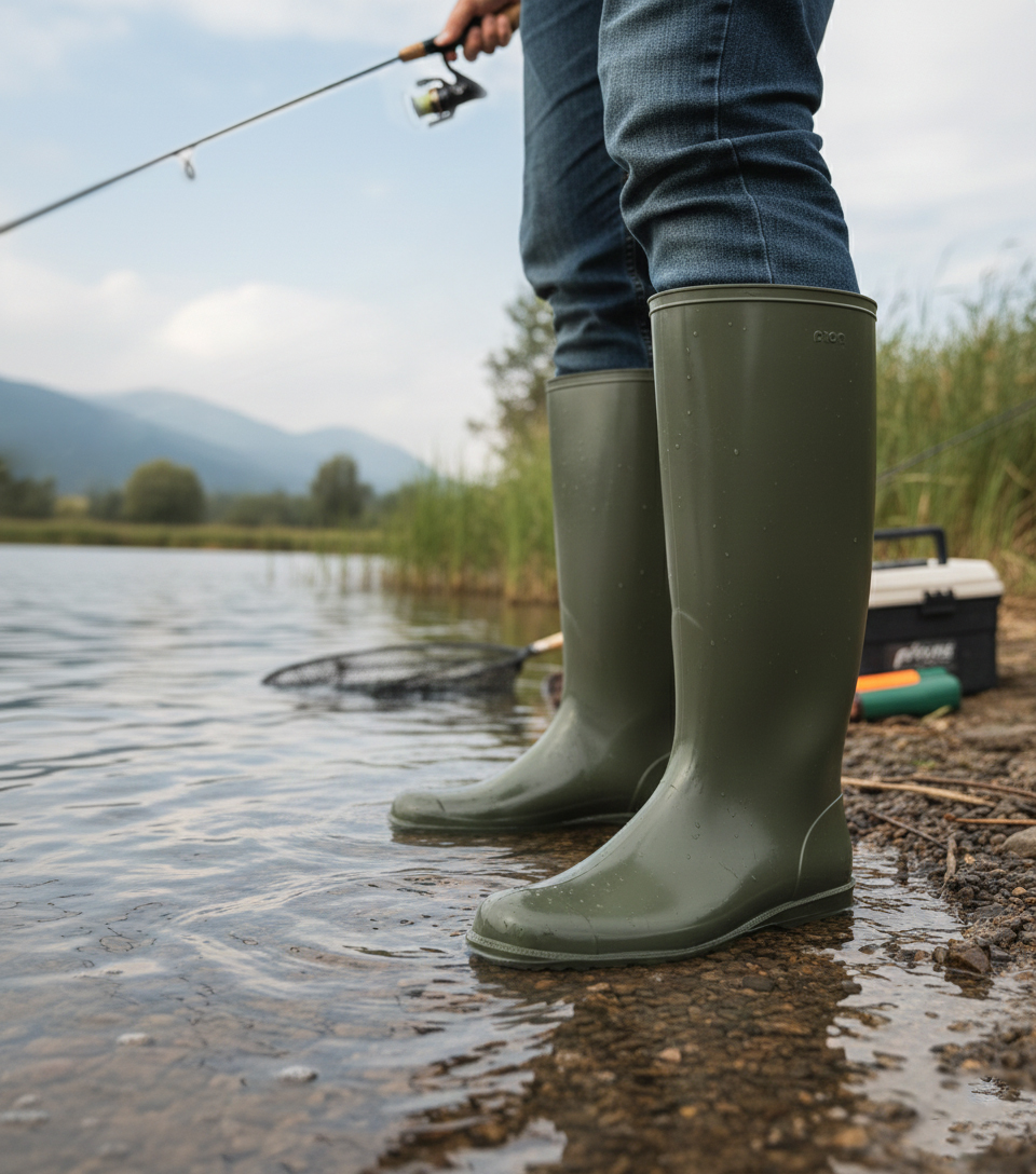 Angler in Gummistiefeln beim Angeln am Seeufer. Outdoor-Bekleidung für den Angelsport. Angelrute und Angelkoffer im Hintergrund. – Fishing Adventure GmbH