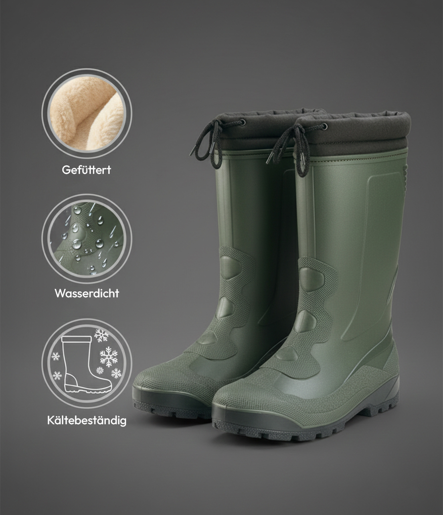 Gefütterte, wasserdichte und kältebeständige Gummistiefel in Olivgrün für Outdoor-Aktivitäten und Angeln. – Fishing Adventure GmbH