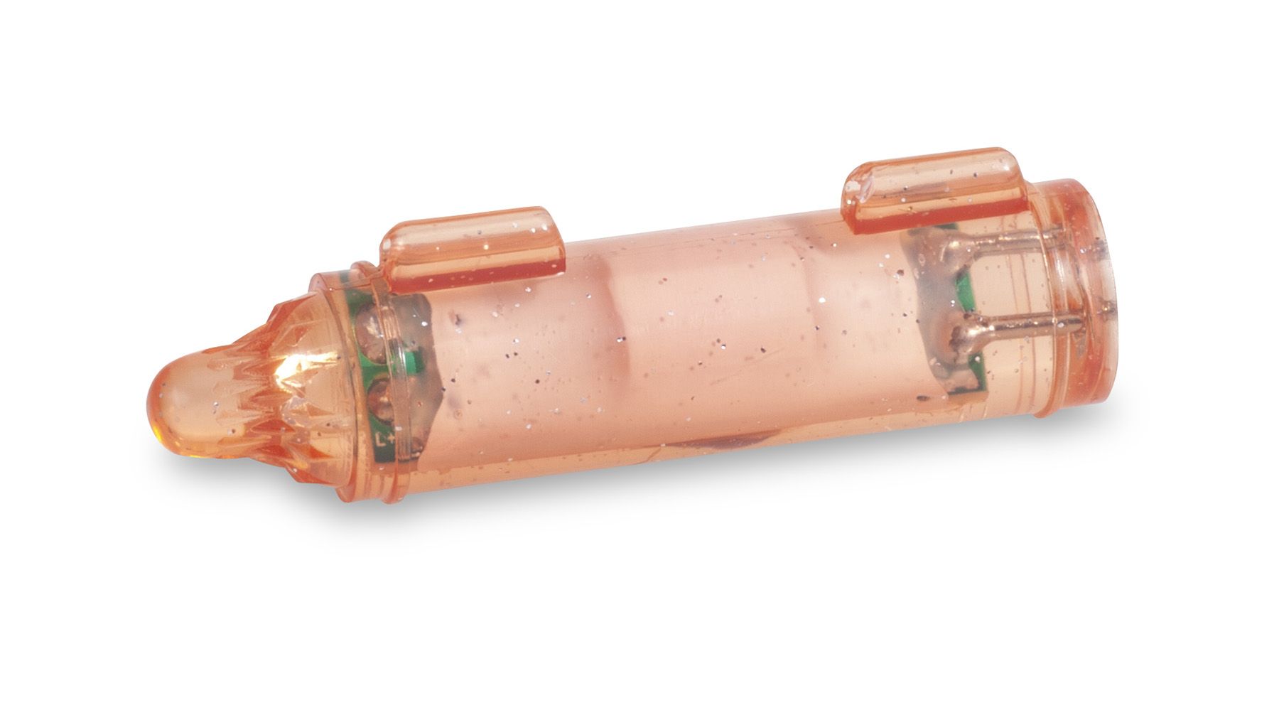 Elektronischer Angelbober mit orangefarbenem, transparentem Gehäuse, konzipiert für das Nachtangeln. – Fishing Adventure GmbH