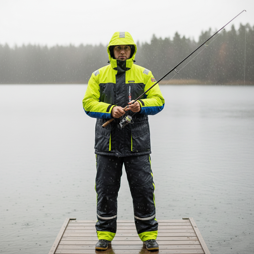 Angler in Outdoor-Bekleidung mit Angelrute am See im Regen. Funktionale Kleidung für Freizeit- und Meeresangler. – Fishing Adventure GmbH